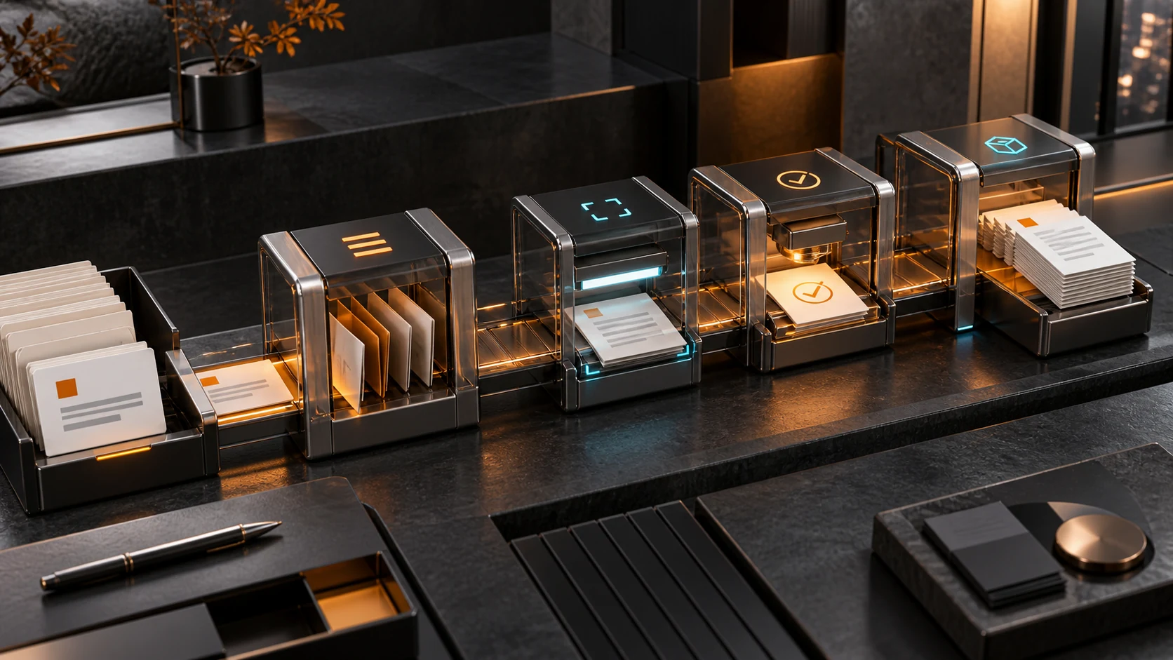 A structured automation workflow moving business requests through clear stages