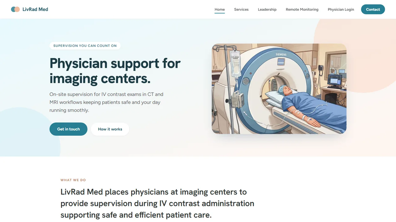 Homepage of the LivRad Med website, headed Physician support for imaging centers